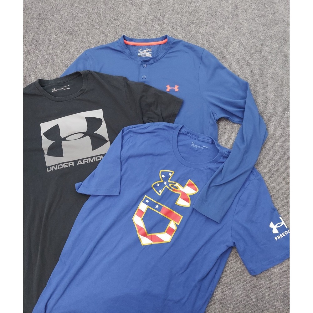 Lot 3 UNDER ARMOUR Shirt Men Medium Blue Black Henley Tee Short Long Sleeve Logo